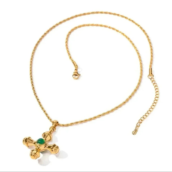 Green Onyx 18KGold Plated Stainless Steel Waterproof  Stone Cross Necklace - Picture 4 of 16